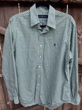 Polo Ralph Lauren Gingham Button Down Shirt Green Blue Classic Fit Size L